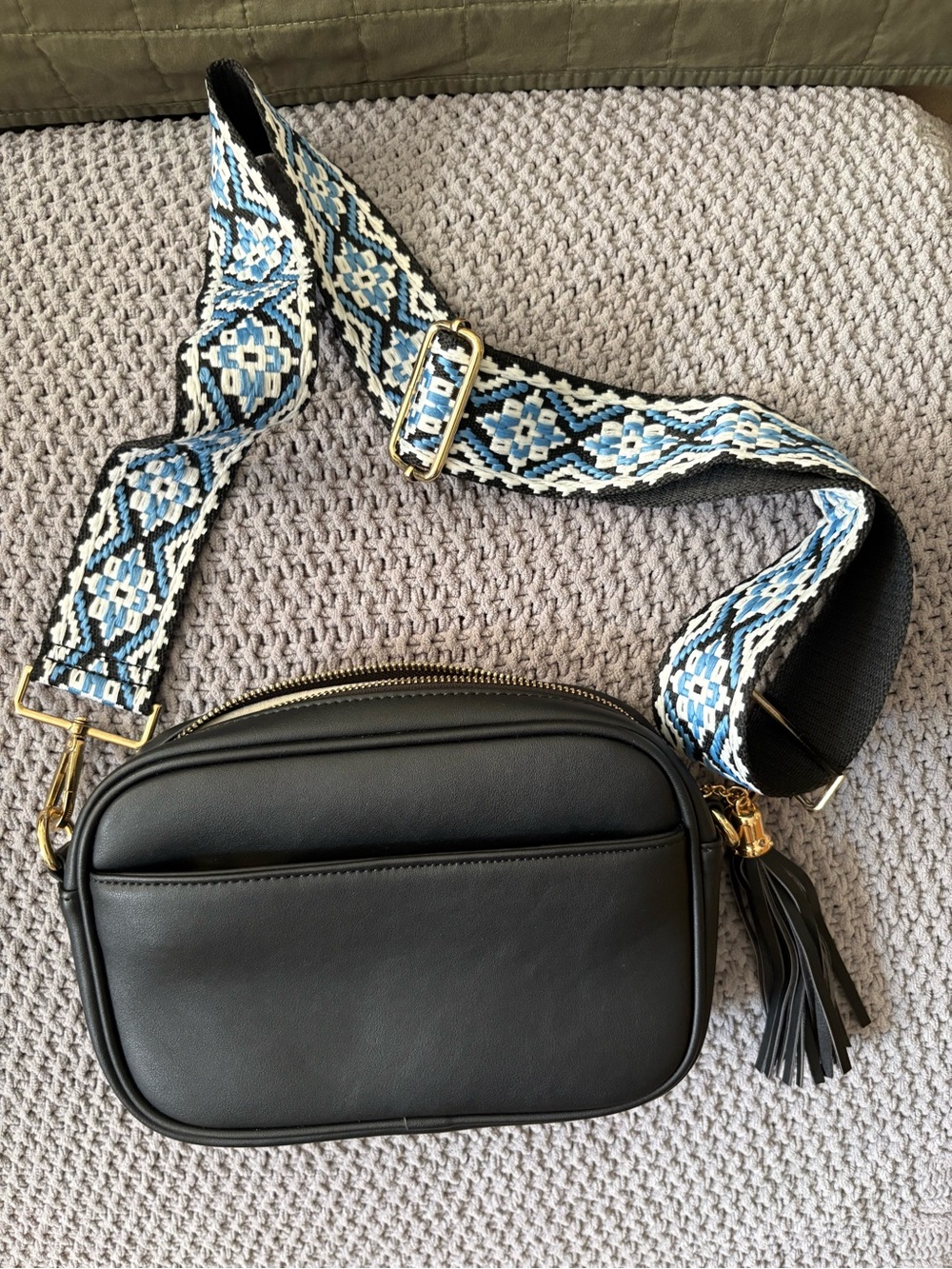 Black Crossbody Camera Bag with Patterned Blue Strap